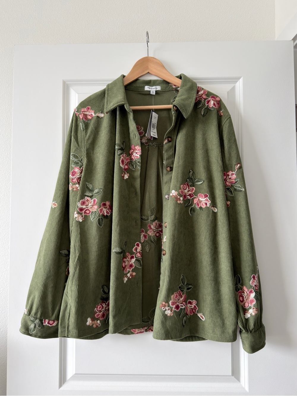Embroidered Olive Green Corduroy Shirt Jacket -
